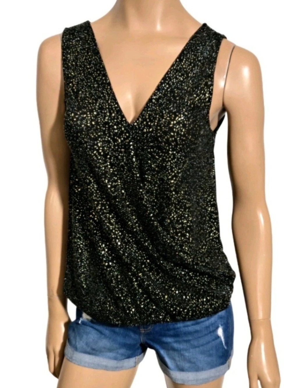 ERI + ALI Anthropologie Evita Black w/Gold Shimmer Surplice Faux Wrap Top Small
